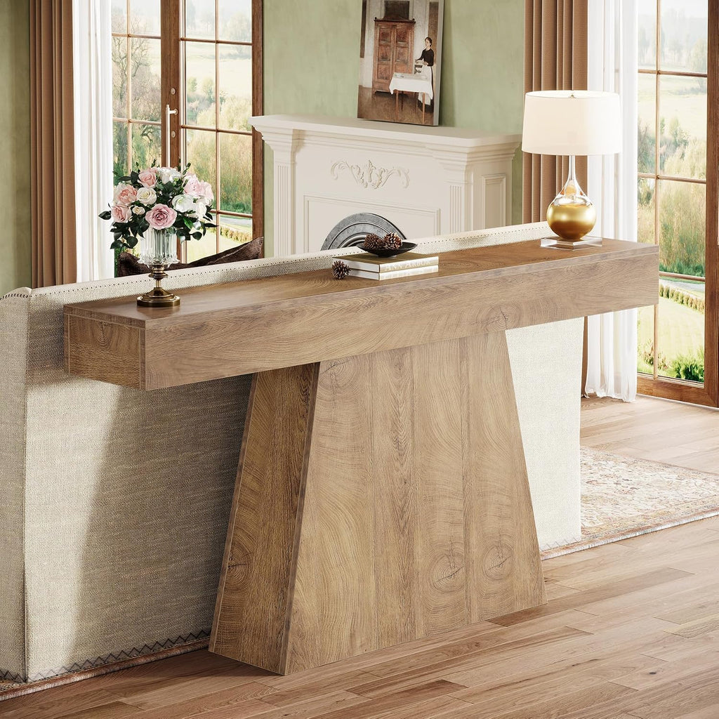 Tribesigns 63' Console Table, Farmhouse Entryway Table with Trapezoidal Base, Narrow Long Wood Sofa Table Behind Couch Table for Entrance, Hallway, Living Room, Natural