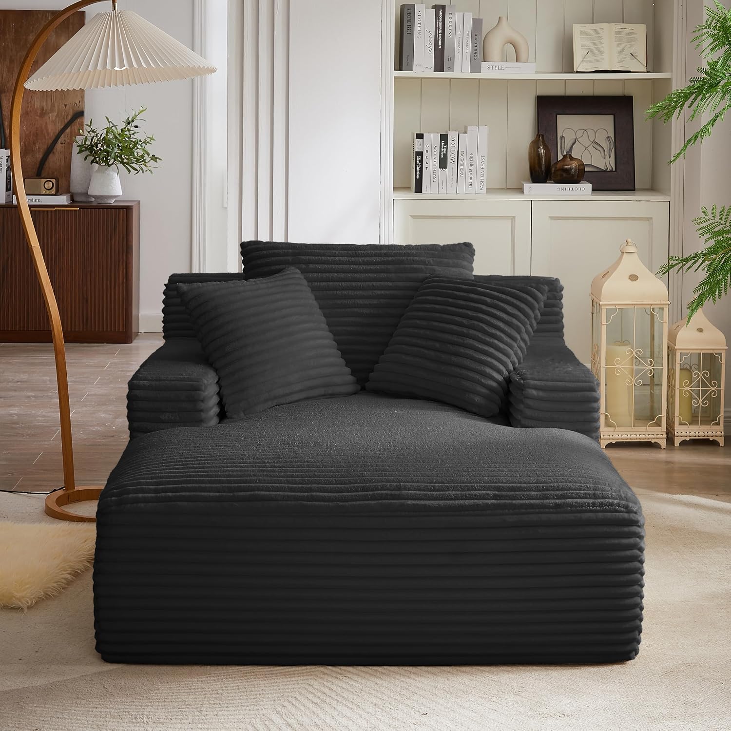 Tmsan 50' Oversized Chaise Lounge Sofa Chair Indoor, Modern Corduroy Sleeper Sofa Cloud Couch with 3 Soft Pillows, Comfy Single Seat Floor Sofa for Living Room Apartment Office, Black