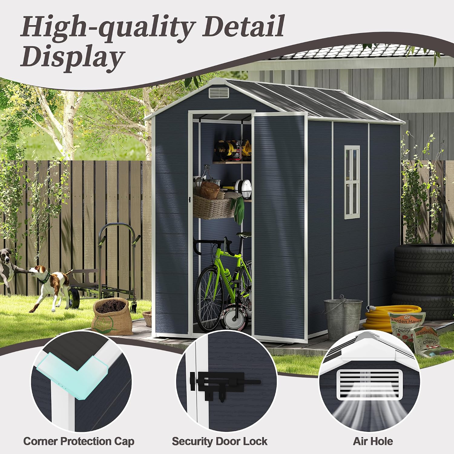 Campcraft 4x8ft Heavy Duty Resin Storage Shed - 12mm Thick PP Walls, Lockable Double Doors & HD Window, Waterproof Outdoor Garden Shed for Lawn Tools/Patio Furniture,Hurricane-Proof UV & Rust Proof