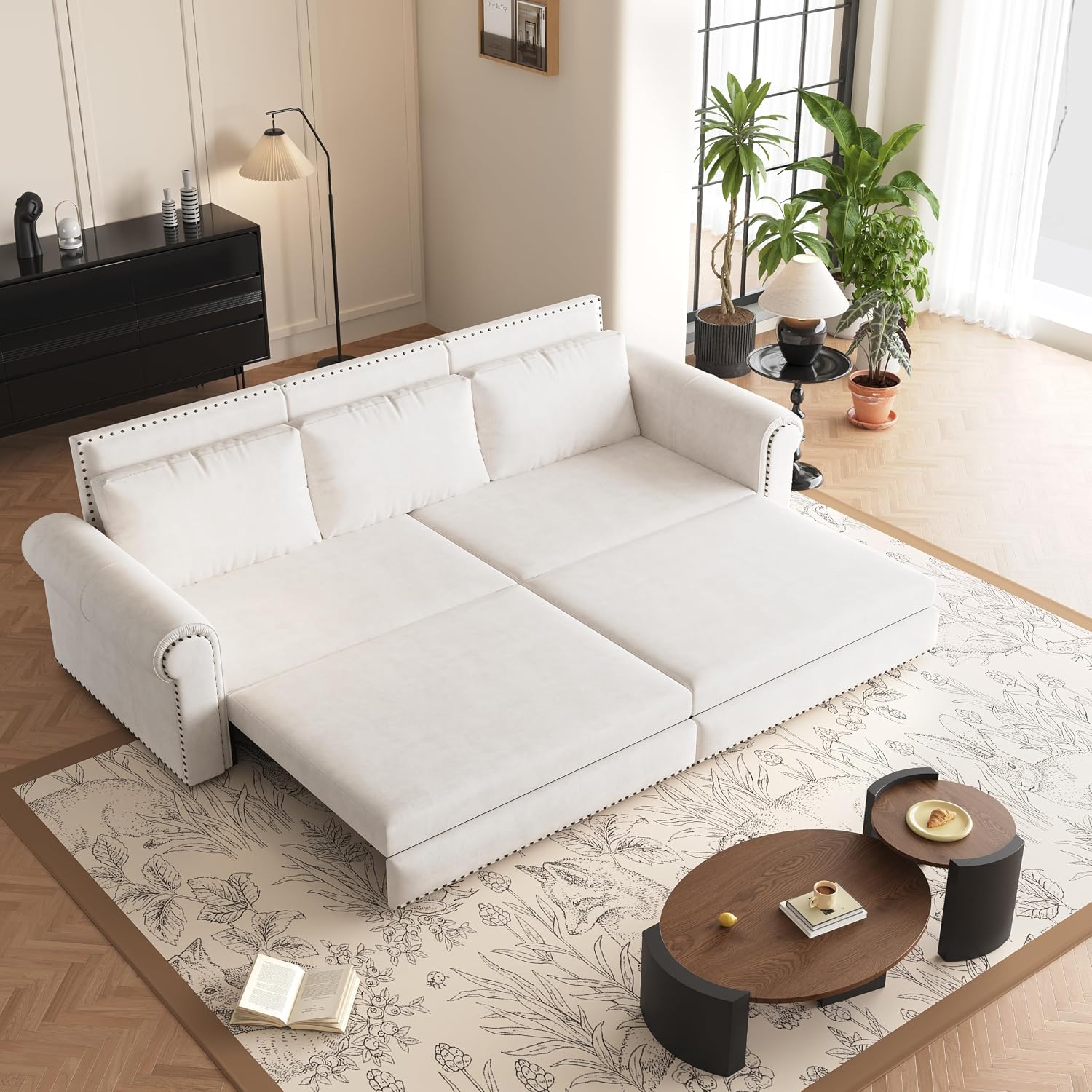 King Size 93.7' Pull Out 3 Seat Sofa with 2 Pillows, 3-in-1 Velvet Fabric Convertible Sleeper Sofa Bed, Fold Couch for Living Room, Office and Small Space, Beige