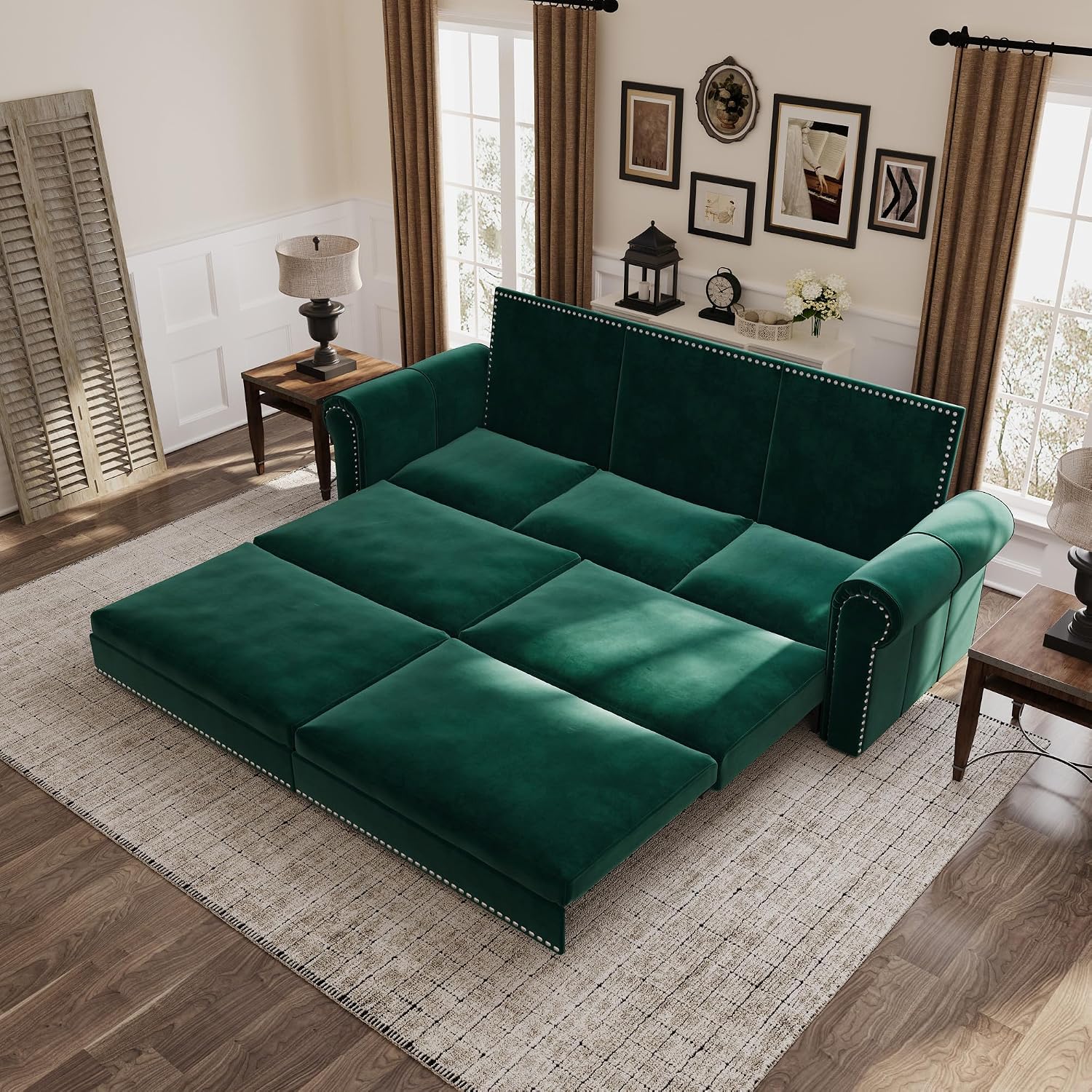 3 in 1 Convertible Sleeper Sofa Bed, 93.7' King Size Sofa Sleeper with Pull Out Bed, Velvet Folding Loveseat Sofa 3-Seater with Deep Seat, Nailhead Trim & Rolled Arm for Living Room (Green)