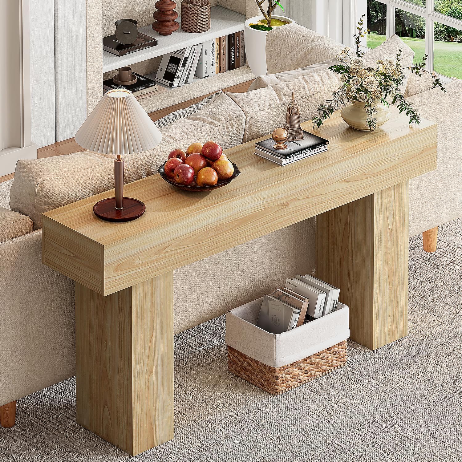 knoworld 63 Inch Long Console Table for Entryway, Farmhouse Wood Rectangular Sofa Table Behind Couch Table, Narrow Entryway Table for Living Room, Entrance, Hallway, Foyer, Easy Assembly (Natural)