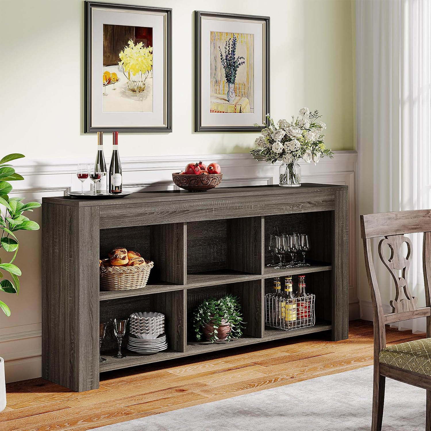 Tribesigns 63-Inch Long Sofa Console Table, Rustic Wood Entryway Table with 6 Storage Cubes for Living Room, Hallway, Behind Couch (Grey)