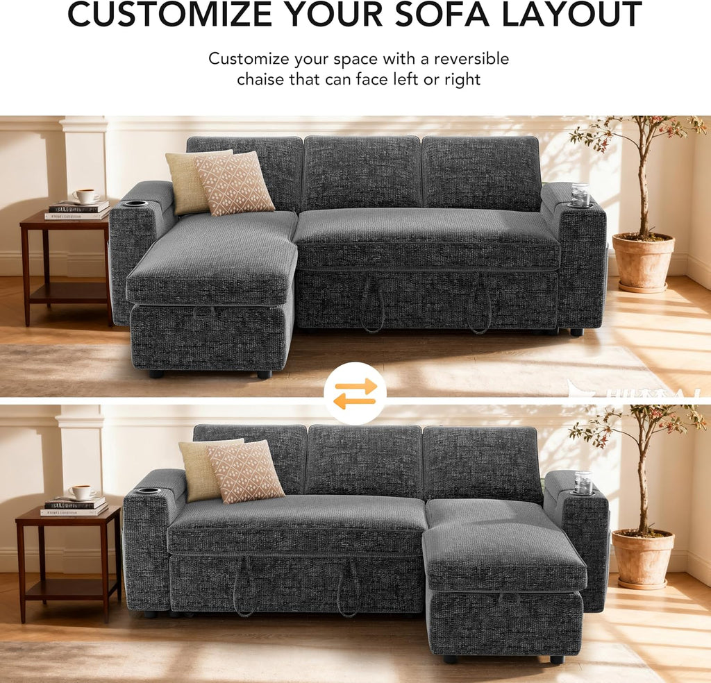 Sunny Heart L-Shaped Sleeper Sofa with Pull Out Bed, 82' Sectional Couch with Reclining Backrest, Reversible Storage Chaise, Armrest Storage, Cup Holders, and Side Pockets, Tool-Free Assembly, Grey