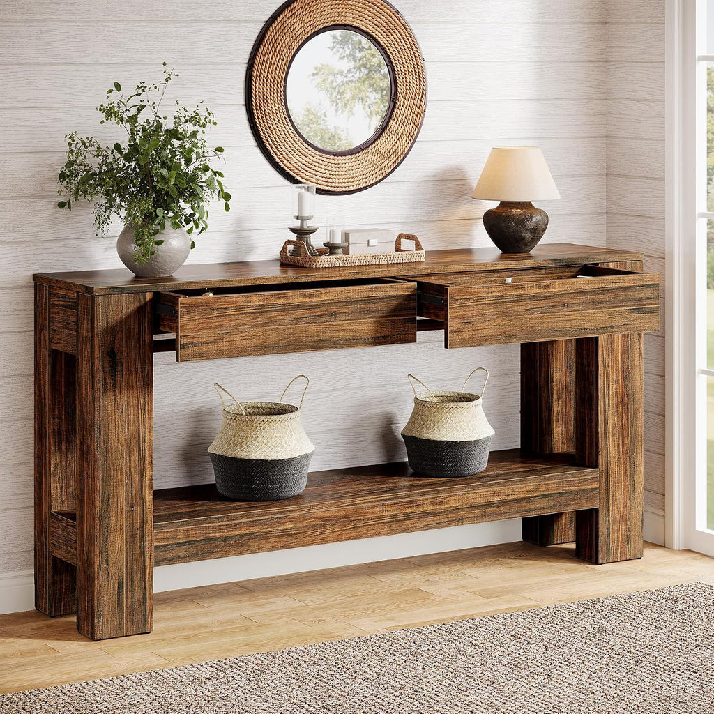 Tribesigns 63-Inch Console Table with 2 Drawers, 2-Tier Wooden Sofa Table Behind Couch, Farmhouse Entryway Console with Storage Shelf for Living Room, Entrance, Hallway (Dark Brown)