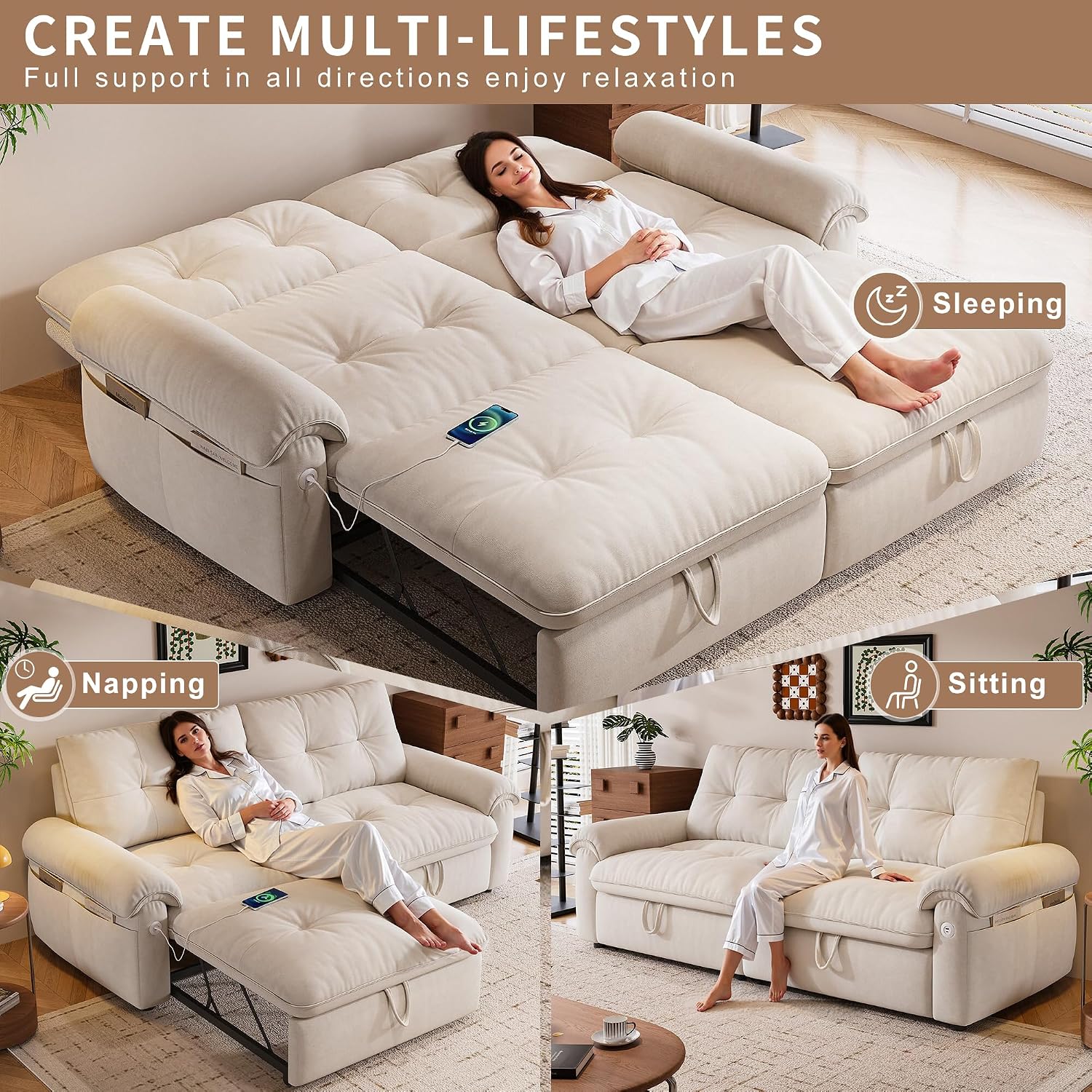 77' Sleeper Sofa Bed, Convertible Pull Out Couch with Velvet Fabric, 3-in-1 Loveseat L Shaped Couch Bed with Adjustable Backrest, Side Pocket & USB Ports for Living Room Apartment, White