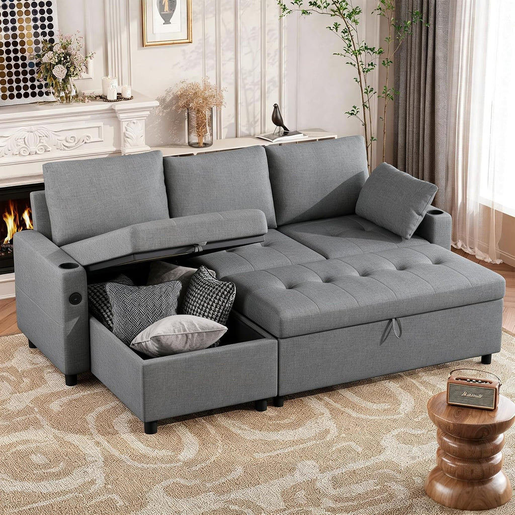 Esright 84'' Sleeper Sofa Bed, L Shaped Sectional Convertible Pull Out Couch with Storage Chaise for Living Room, Sleeper Sofa Couch with Pullout Bed, USB, Cup Holder, Side Pocket(Light Gray, Linen)