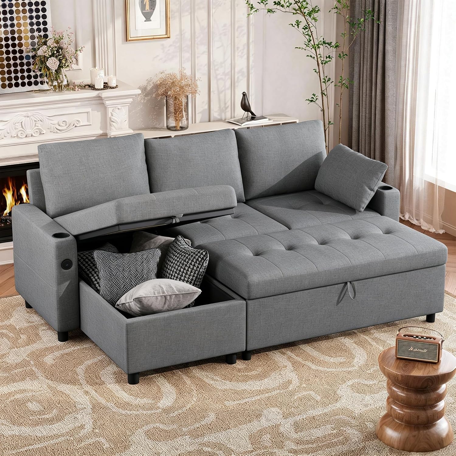 Esright 84'' Sleeper Sofa Bed, L Shaped Sectional Convertible Pull Out Couch with Storage Chaise for Living Room, Sleeper Sofa Couch with Pullout Bed, USB, Cup Holder, Side Pocket(Light Gray, Linen)