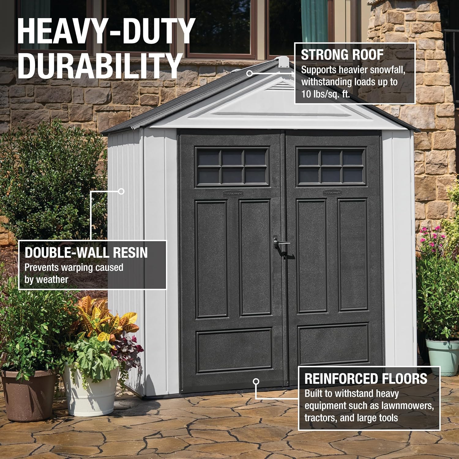 Rubbermaid Resin Outdoor Storage Shed With Floor (7 x 3.5 Ft) Weather Resistant, White, Organization for Home/Backyard/Garden Tools/Lawn Mower/Bike Storage/Pool Supplies