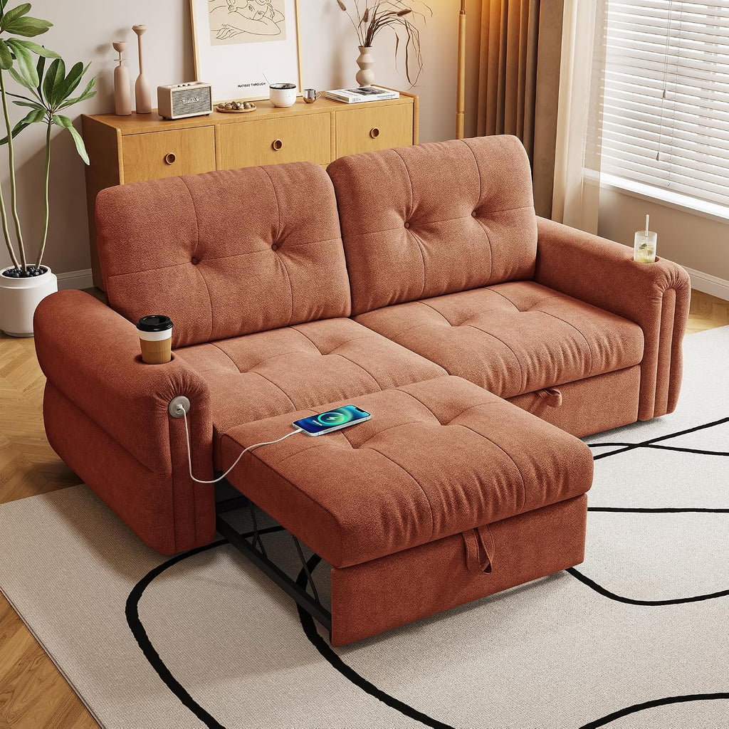 80.4' Queen Sleeper Sofa Bed, 3 in 1 Convertible Pull Out Couch with USB Ports & Cup Holders, Modern Chenille Loveseat Sofabed with Adjustable Backrest for Living Room, Bedroom, Apartment