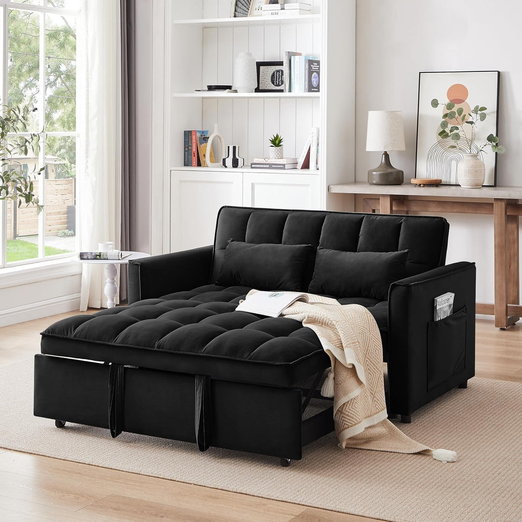 3 in 1 Convertible Sleeper Sofa Bed, 55' Pull Out Couches, Modern Loveseat Sleeper Sofa with Adjustable Reclining Backrest & Side Pockets for Living Room, Velvet Fabric, Classic Black