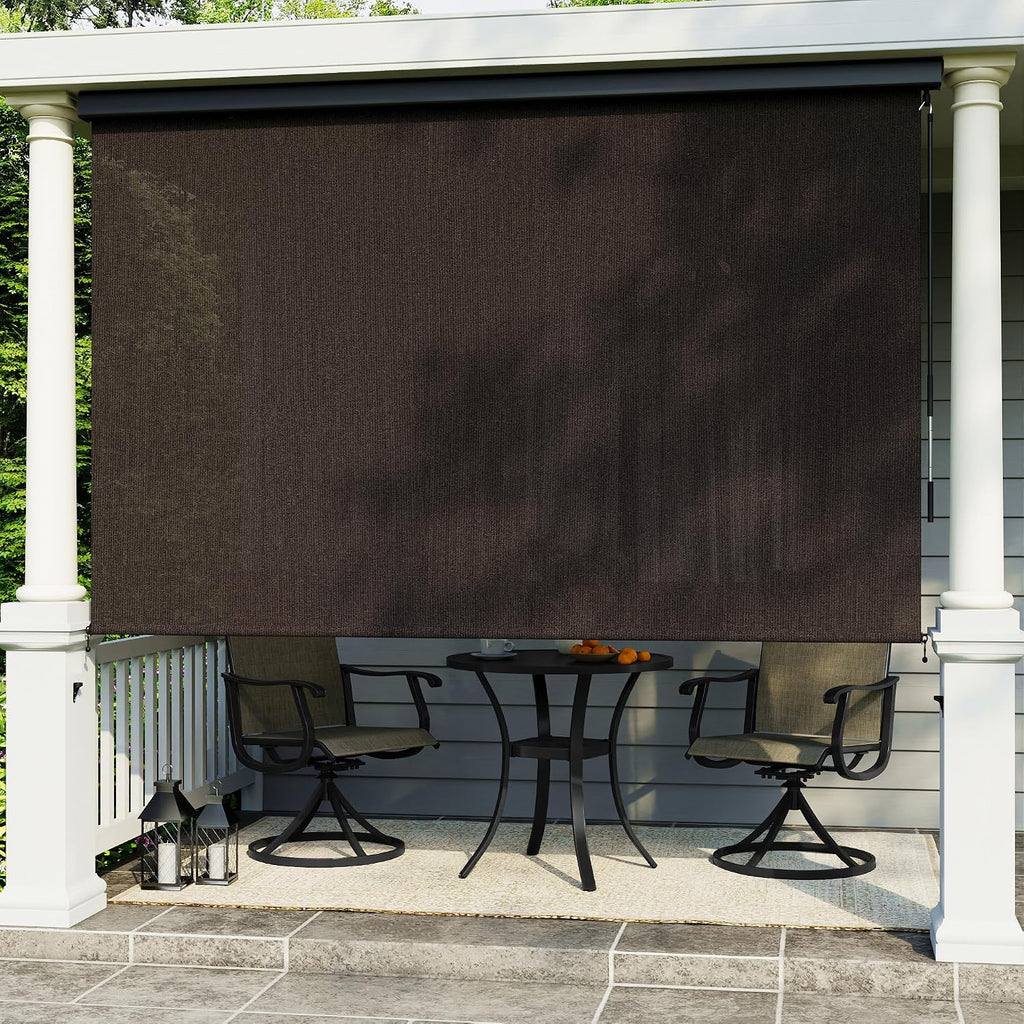VICLLAX Premium Outdoor Roller Shade, 95% Patio Cordless Blinds with Weather Resistant Valance 8x8FT,Chocolate