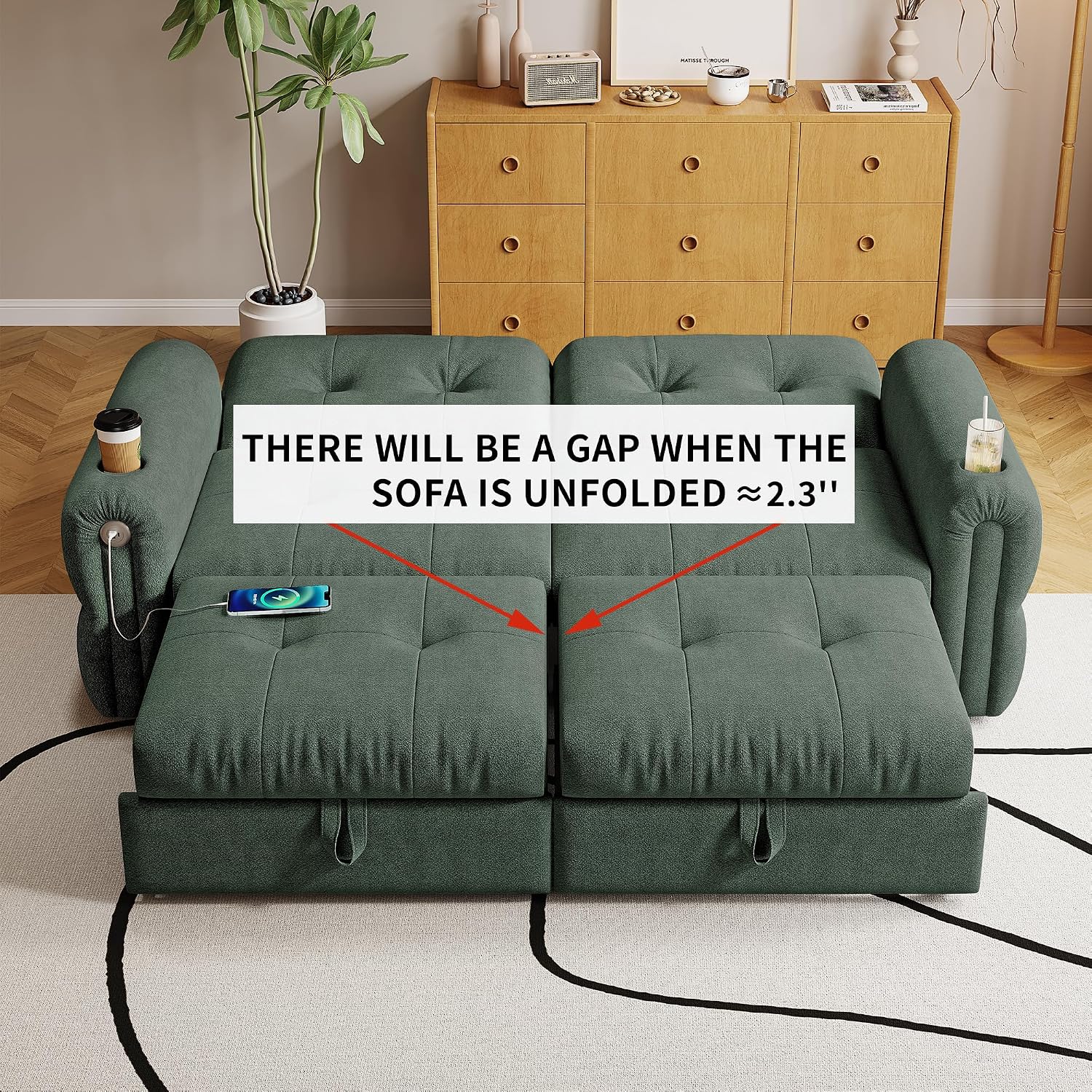 77' Queen Size Sofa Bed, Loveseat Sleeper Sofa with Pull Out Bed and USB, 2 Seater Convertible Small Couch for Living Room Bedroom Apartment (Green, Chenille)