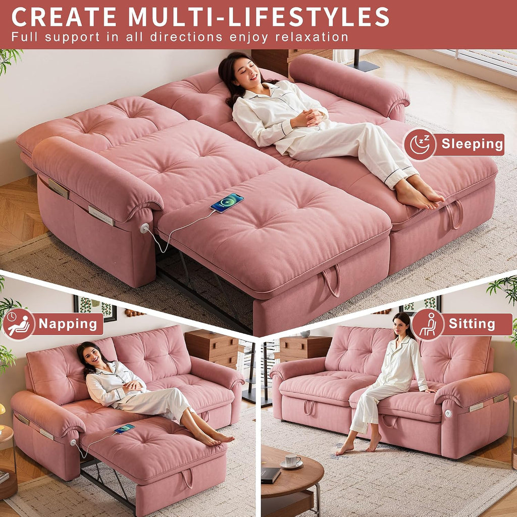 77' Queen Size Sofa Bed, Loveseat Sleeper Sofa with Pull Out Bed, Pockets and USB, Modern 2 Seater Convertible Small Couch for Living Room Bedroom Apartment, Pink