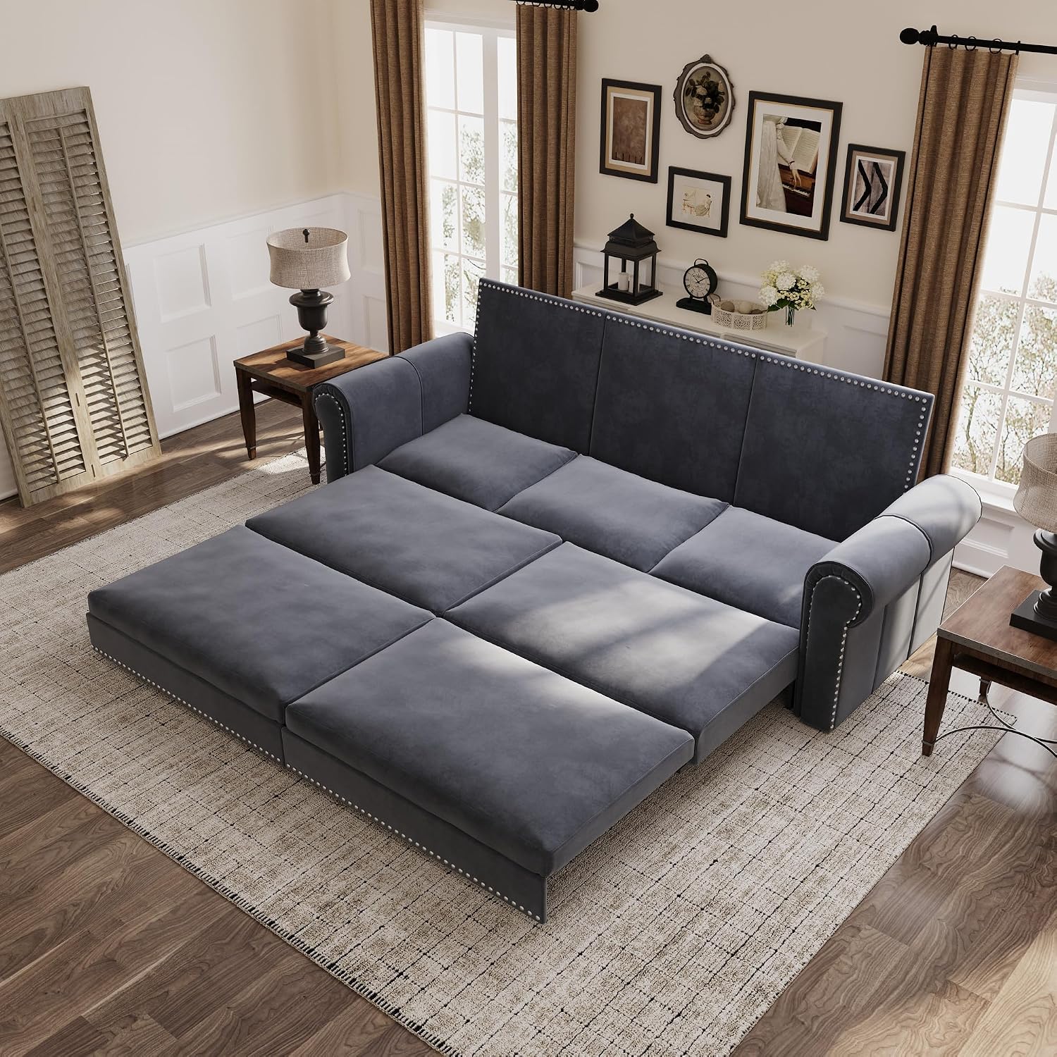 93.7' King Pull Out Sofa Bed, 3 in 1 Convertible Sleeper Sofa Couch 3-Seater, Velvet Folding Loveseat Sleeper Sofa with Deep Seat, Nailhead Trim & Rolled Arm for Living Room (Light Grey)