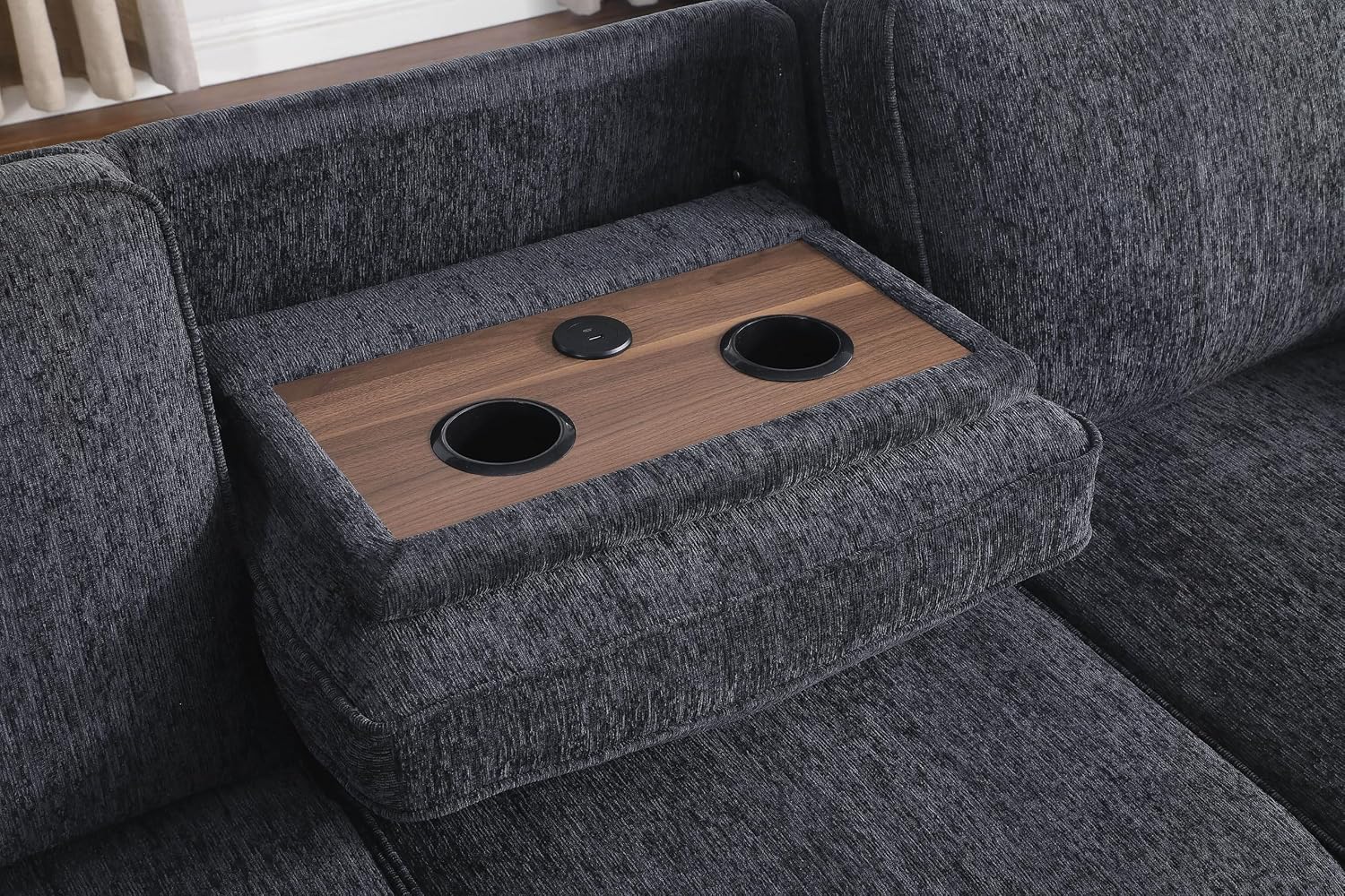 ERYE L-Shaped Pull Out Sleeper Sofa Bed, Modern Chenille Upholstered Button Tufted Corner Reversible Sleeper Sectional Sofa Couch with Storage Chaise, Drop-Down Table, Cup Holders and Charging Ports