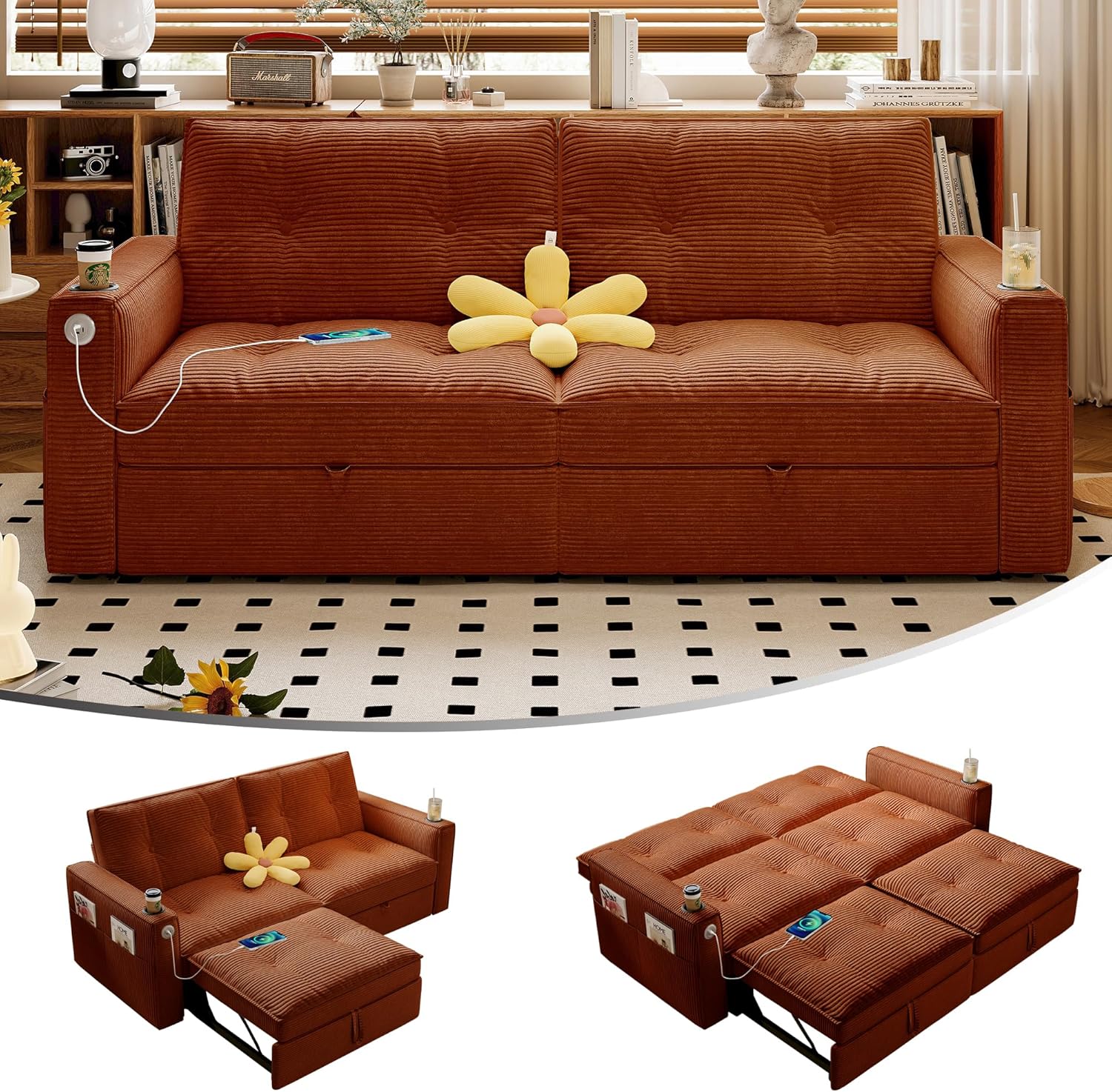 73' Queen Size Sofa Bed, Loveseat Sleeper Sofa with Pull Out Bed, Pockets and USB, Modern 2 Seater Convertible Small Couch for Living Room Bedroom Apartment (Orange, Corduroy)