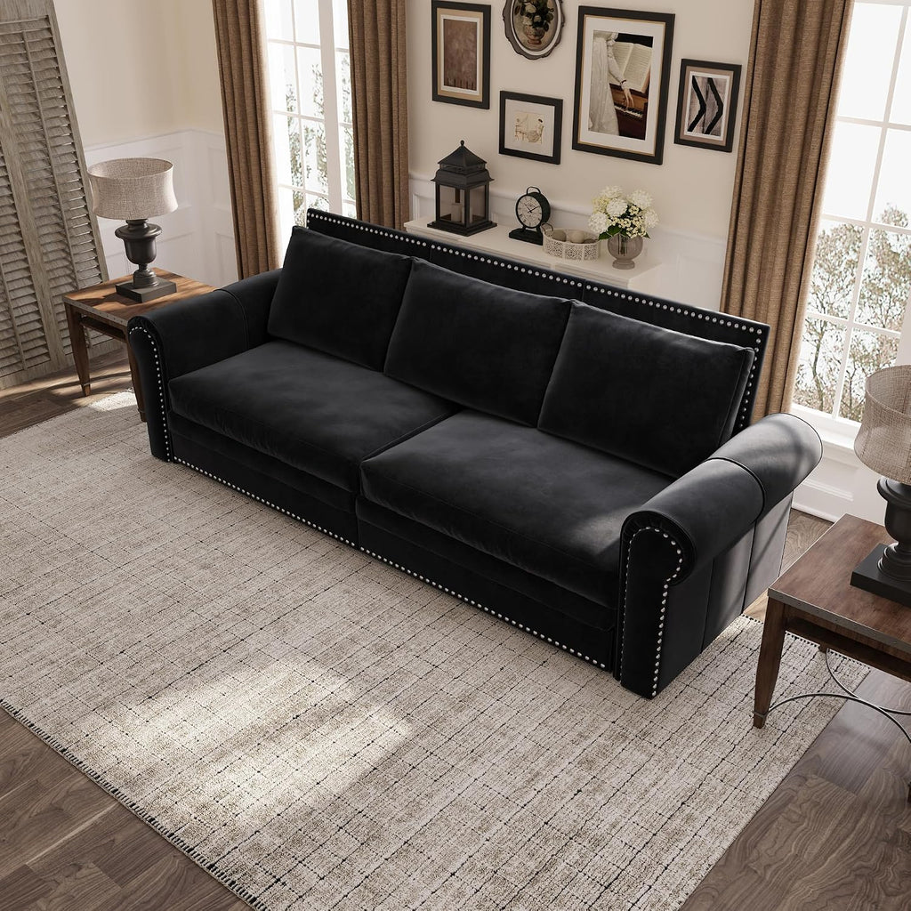 3 in 1 Convertible Sleeper Sofa Bed, 93.7' King Size Sofa Sleeper with Pull Out Bed, Velvet Folding Loveseat Sofa 3-Seater with Deep Seat, Nailhead Trim & Rolled Arm for Living Room
