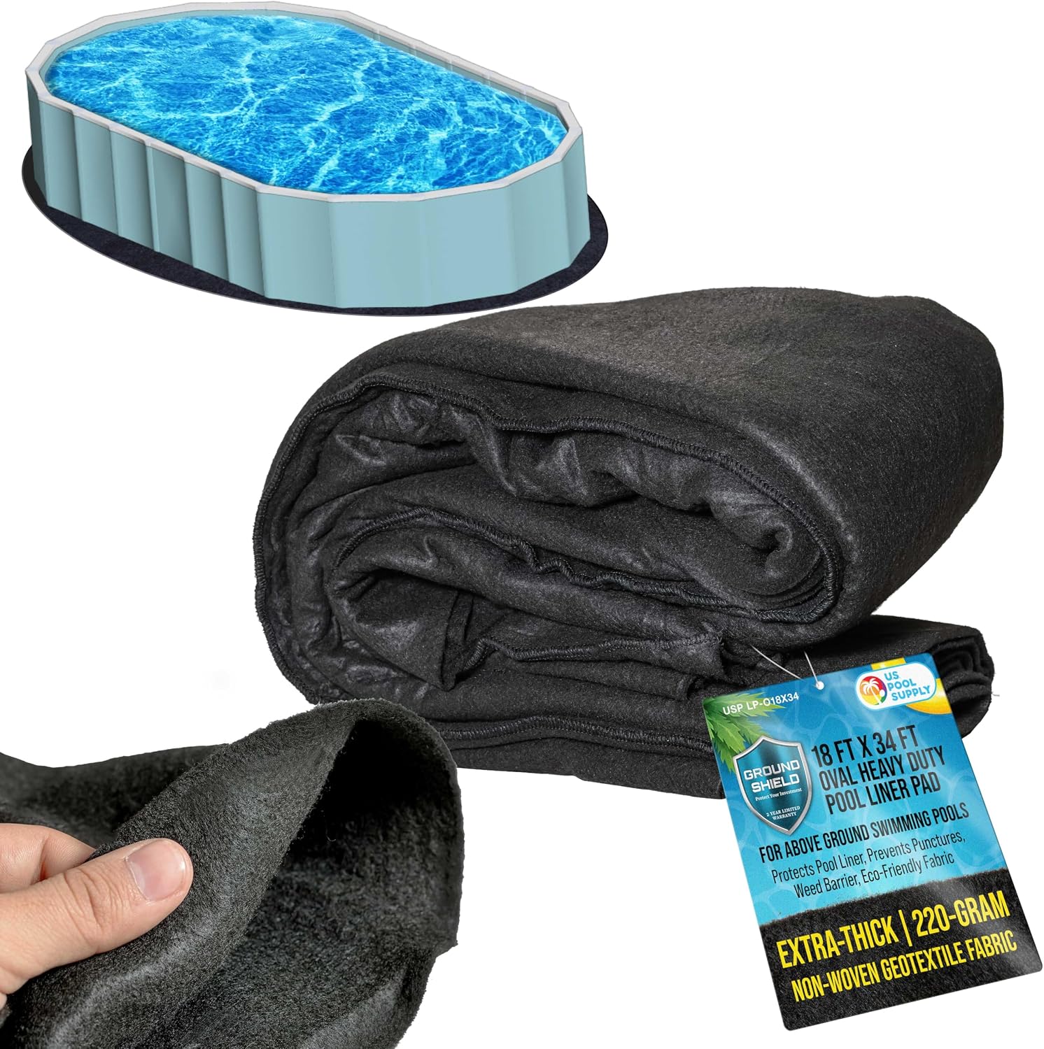 U.S. Pool Supply Ground Shield 18-Foot x 34-Foot Oval Heavy Duty Pool Liner Pad for Above Ground Swimming Pools - Protects Pool Liner, Prevents Punctures, Weed Barrier, Eco-Friendly Extends Liner Life