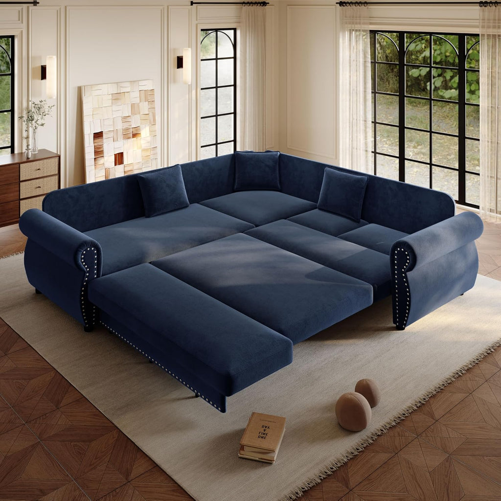 88.2'' Pull Out Couch Bed King, L Shaped Convertible Sleeper Sofa, 4-Seater Couches with Rivet Armrests, 3 Pillows, Chenille Upholstery, Futon Sofa Bed for Living Room, Apartment, Office, Blue