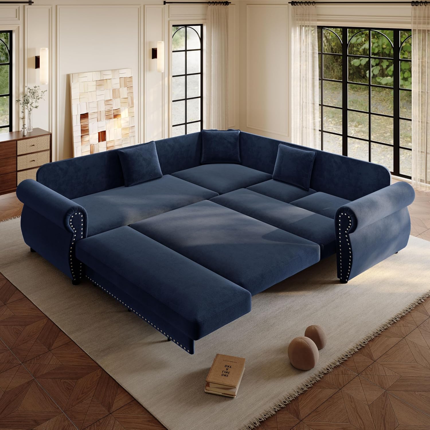 88.2'' Pull Out Couch Bed King, L Shaped Convertible Sleeper Sofa, 4-Seater Couches with Rivet Armrests, 3 Pillows, Chenille Upholstery, Futon Sofa Bed for Living Room, Apartment, Office, Blue