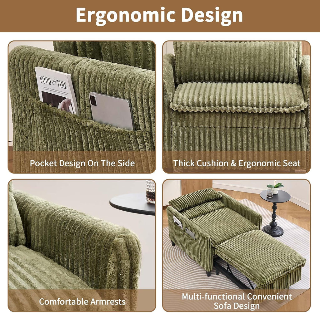 Majnesvon Modern Corduroy Fabric Sofa Bed Futon,3 in 1 Convertible Pullout Bed Sleeper Couches with 3 Reclining Backrests,Small Sofa Chair Bed for Living Room Bedroom (Green)