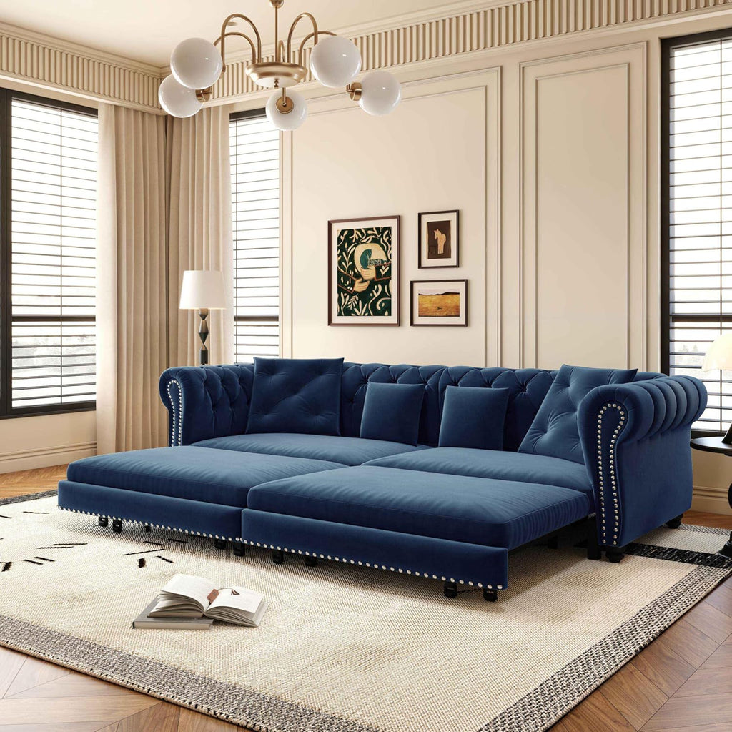 89'' Pull Out Sofa Bed King, Chesterfield Velvet Sleeper Sofa, Convertible L-Shaped Futon Couch, Tufted Back, 4 Pillows, Ottoman, Deep Seat Loveseat Couches for Living Room, Apartment, Blue
