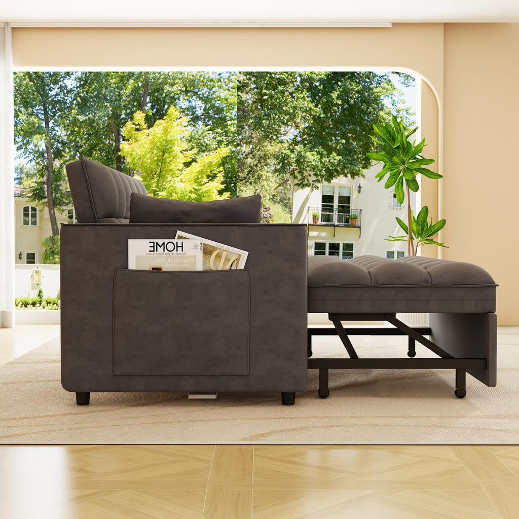 KEIKI 2-Seat Velvet Sofa Bed w/Adjustable Backrest & Side Pockets, Cloud Chair for Living Room, Multifunctional Pull Out Bed – Dark Gray