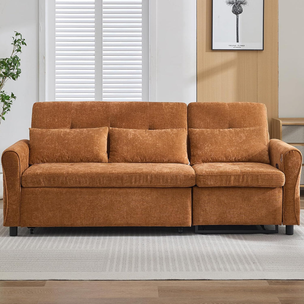 Merax 2-in-1 Convertible Sofa Bed & Recliner Sofa, 82' 3-Seater Sofa, Pull-Out Sleeper Sofa, 3 Level Adjustable Backrest, Reversible Left/Right, with USB Charging Ports, Easy to Assemble (Orange)