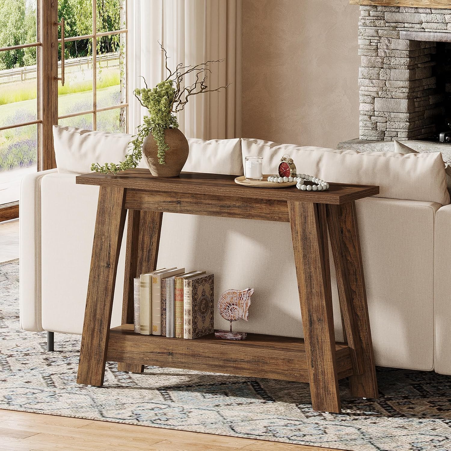 Tribesigns 41.3' Farmhouse Console Table, 2-Tier Wooden Entryway Table with Storage, Rustic Narrow Behind Couch for Living Room, Hallway, Foyer, Rustic Brown