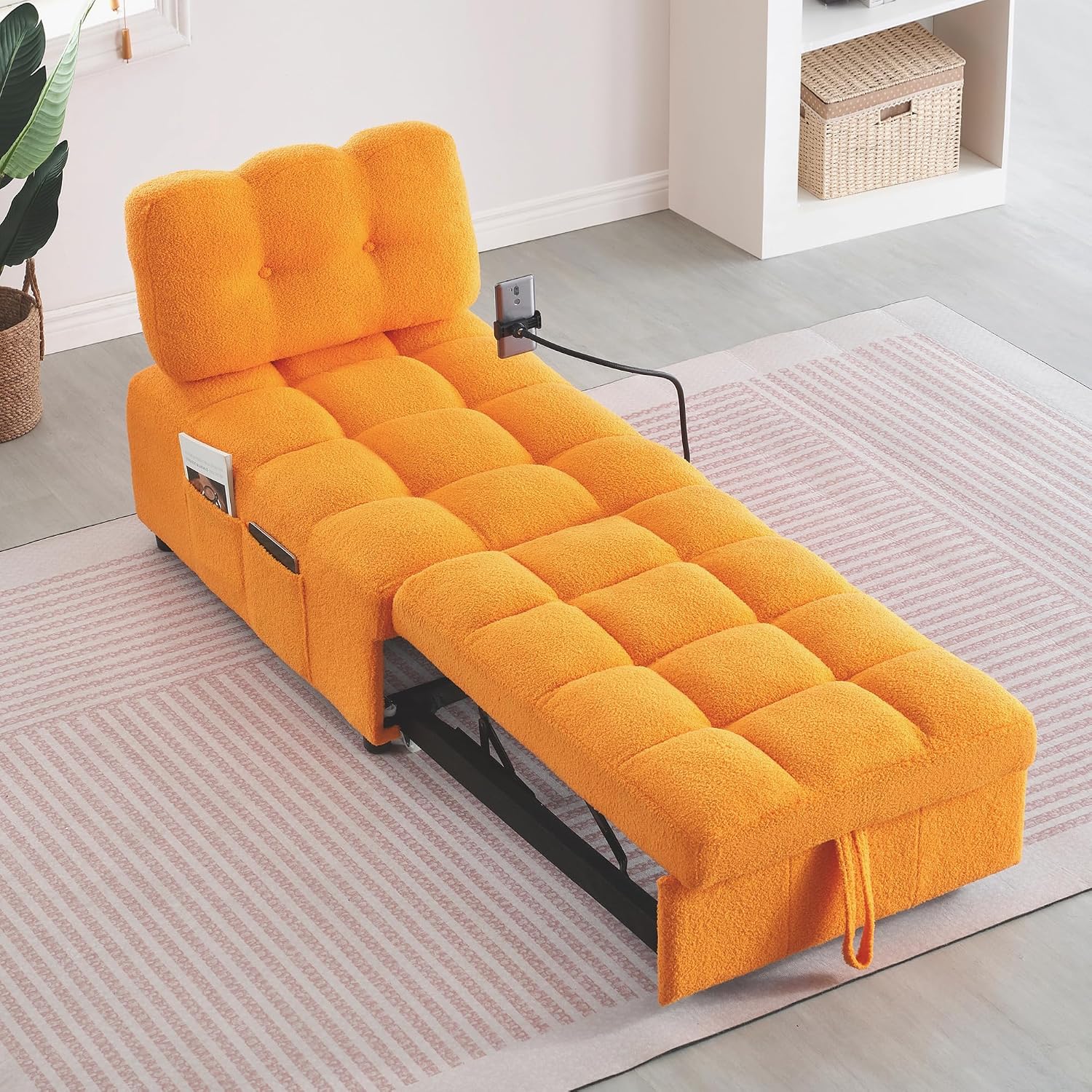 Majnesvon Modern Teddy Fabric Sofa Bed Futon,3 in 1 Convertible Pullout Bed Couches with 3 Reclining Backrests,Phone Stand,Small Sofa Single Sleeper Chair Bed for Living Room Bedroom (Orange)