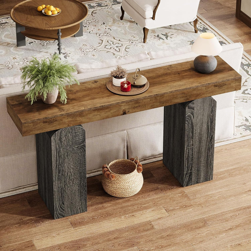 Tribesigns 63' Long Entryway Table, Farmhouse Console Table with 2 Arched Pedestal Legs, Wooden Sofa Console Behind The Couch for Entrance, Hallway, Living Room (Vintage Brown & Grey)