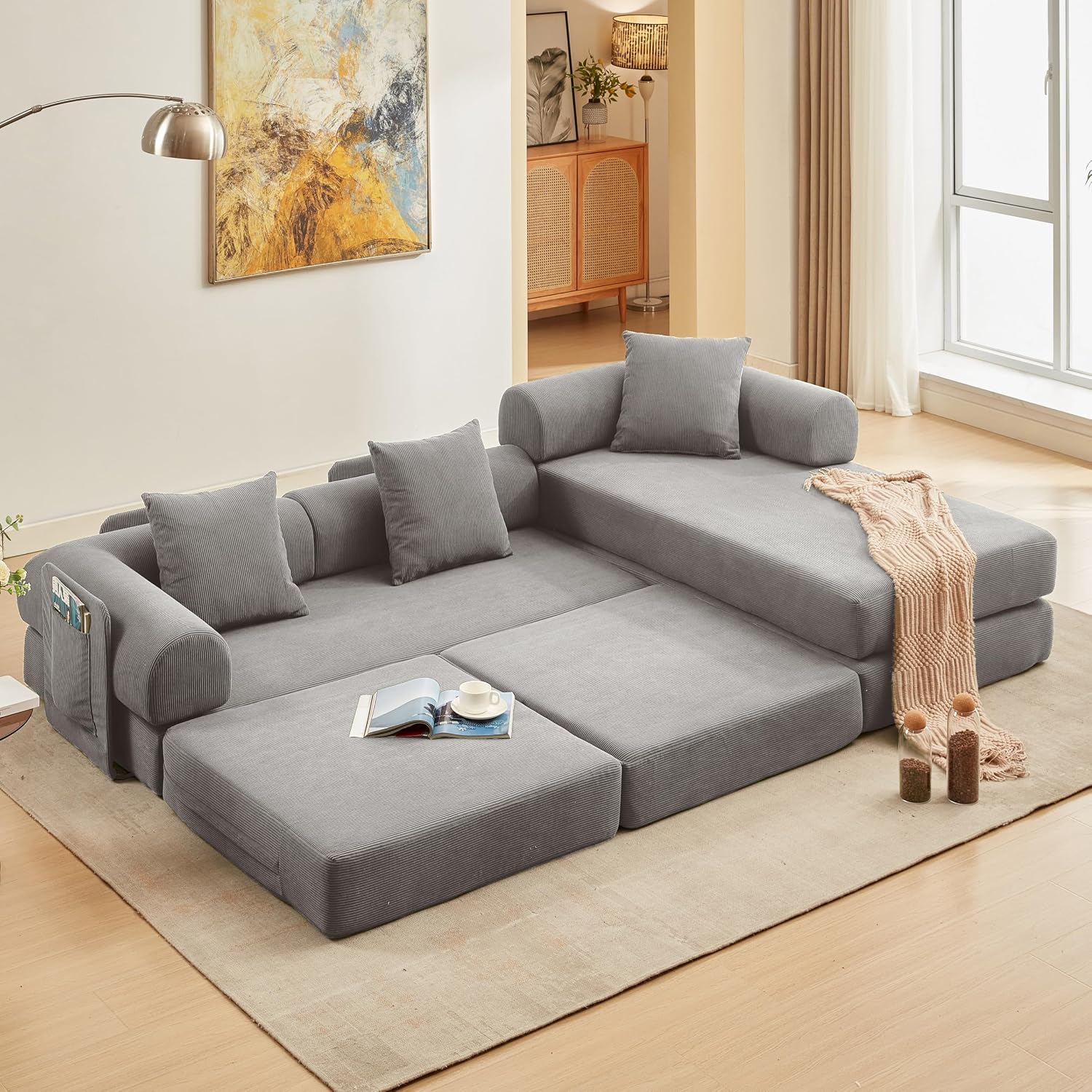L Shaped Modular Sofa Bed with Cylindrical Pillow & Reversible Chaise, Corduroy Folding Floor Convertible Sofa Couch Bed with Fixed-Shape Frame & Storage Pocket for Living Room, Grey