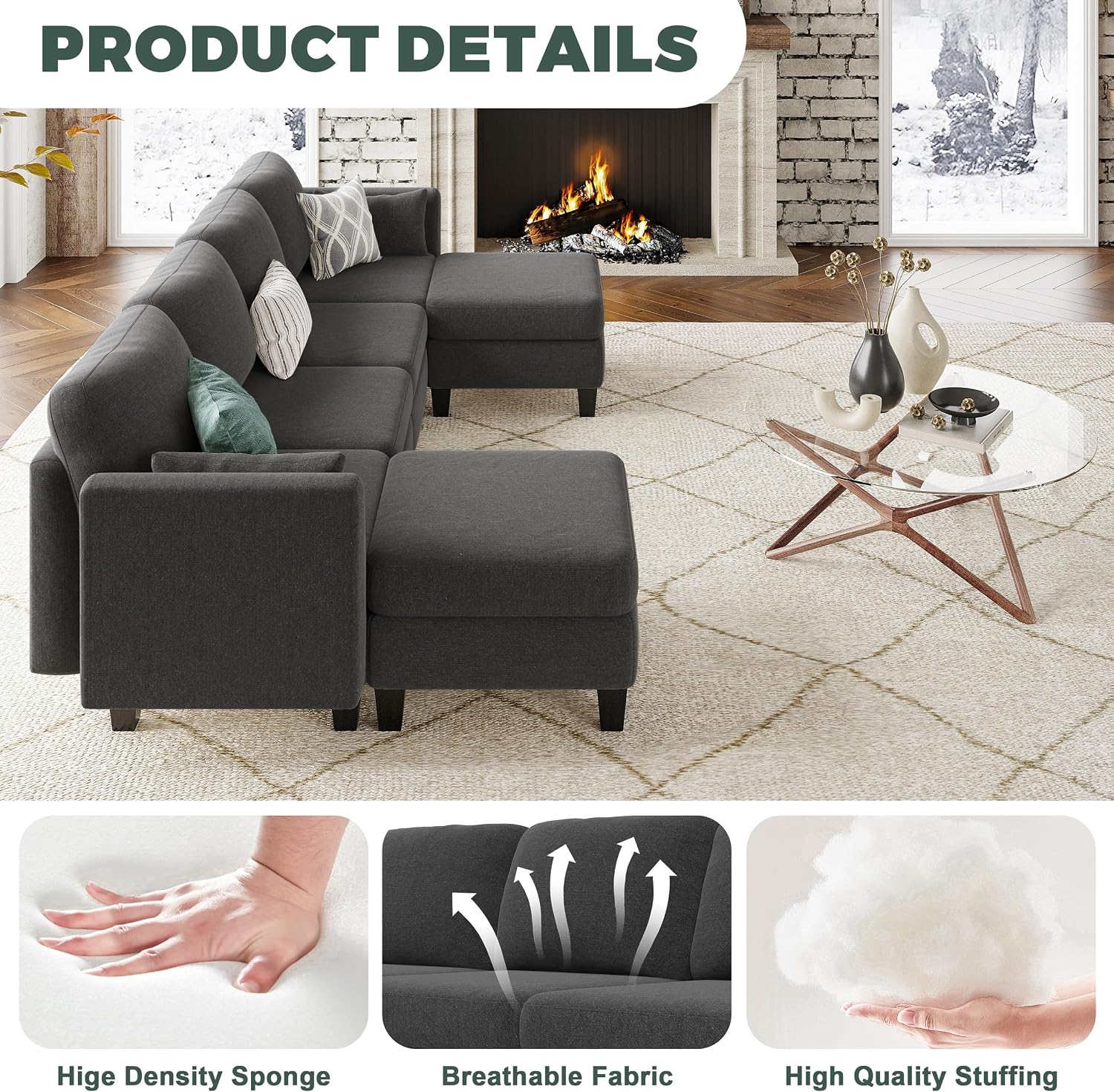 Modular Sectional Sofa, 6 Seaters Modular Sleeper Sofa Couch, Comfy Sectionals Couches Bed, Convertible Sofas with Ottomans, Sectional Couches for Living Room, Dark Grey