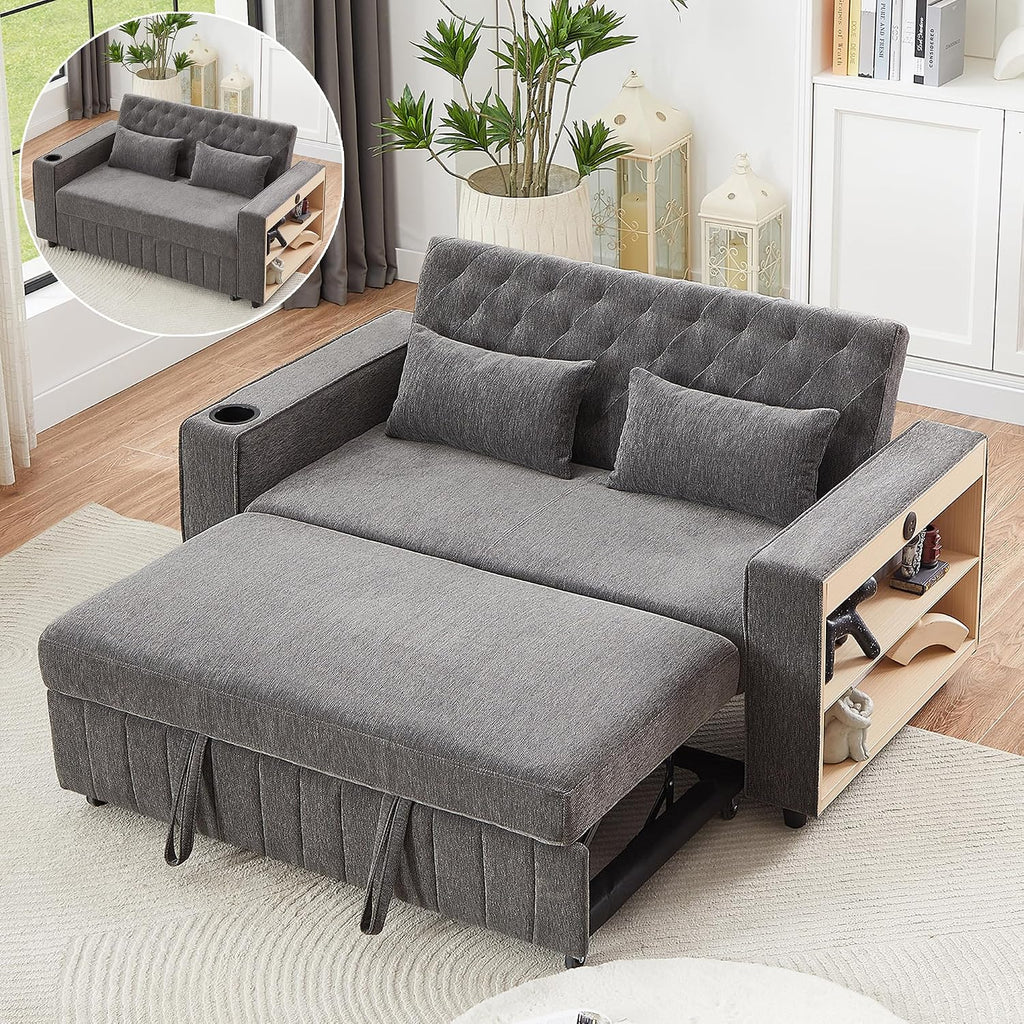 Merax Pull-Out Sleeper Sofa Bed with Reversible Backrest and Two Throw Pillows, 3 in 1 Foton Couch with USB Ports & Cup Holder, Chenille Loveseat with Storage Shelves for Living Room, Grey
