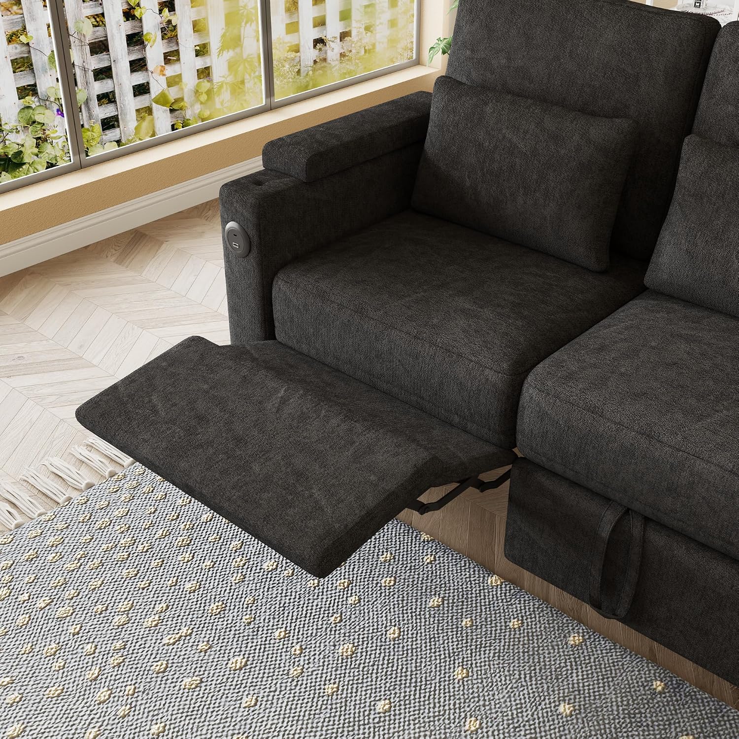 Queen Sectional Sleeper Sofa with Reclining Chair, Multi-Functional 3-Seater Couch with Pull Out Bed, Feature Cup Holder, Laptop Table and USB Port for Living Room, Apartment