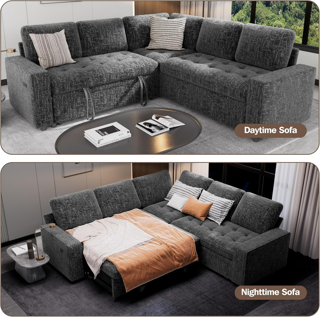 Sunny Heart Modular Sectional Sleeper Sofa with Pull Out Bed, Chenille L Shaped Sectional Sofa with USB Ports/Adjustable Backrest/Storage Seats, Tool-Free Assembly, Couches for Living Room Dark Grey