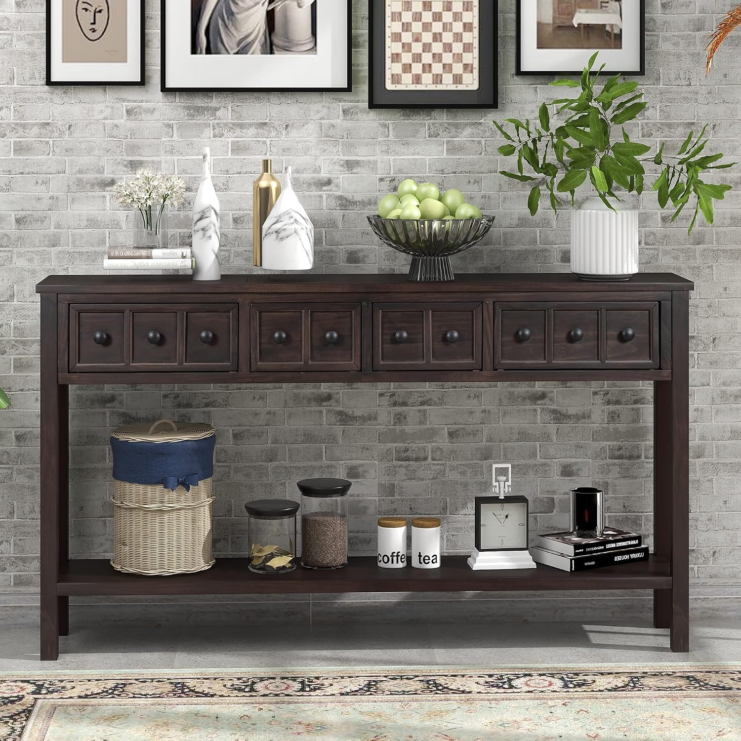Merax Vintage Entryway Table 60 inch,Long Console Table with Drawers and Shelf for Entryway Easy Assembly Hallway Table