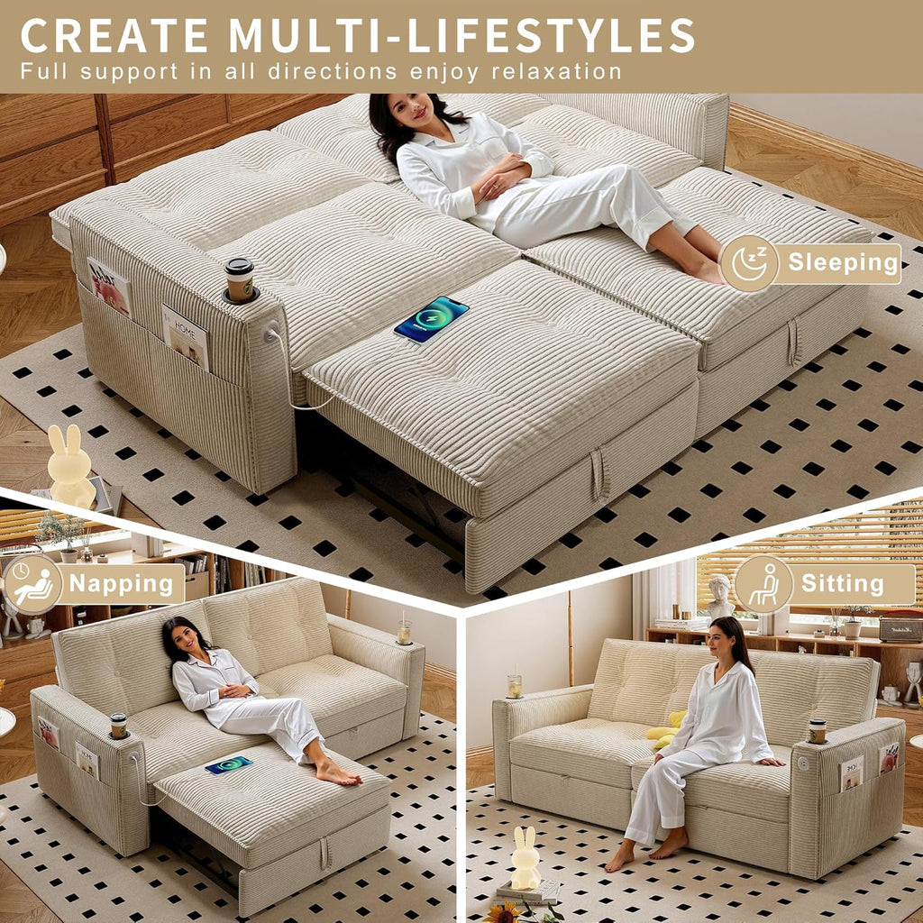 73' Queen Size Sofa Bed, Loveseat Sleeper Sofa with Pull Out Bed, Pockets and USB, Modern 2 Seater Convertible Small Couch for Living Room Bedroom Apartment (Beige, Corduroy)