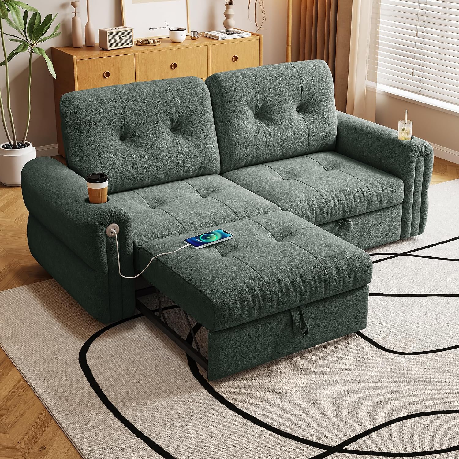 77' Queen Size Sofa Bed, Loveseat Sleeper Sofa with Pull Out Bed and USB, 2 Seater Convertible Small Couch for Living Room Bedroom Apartment (Green, Chenille)