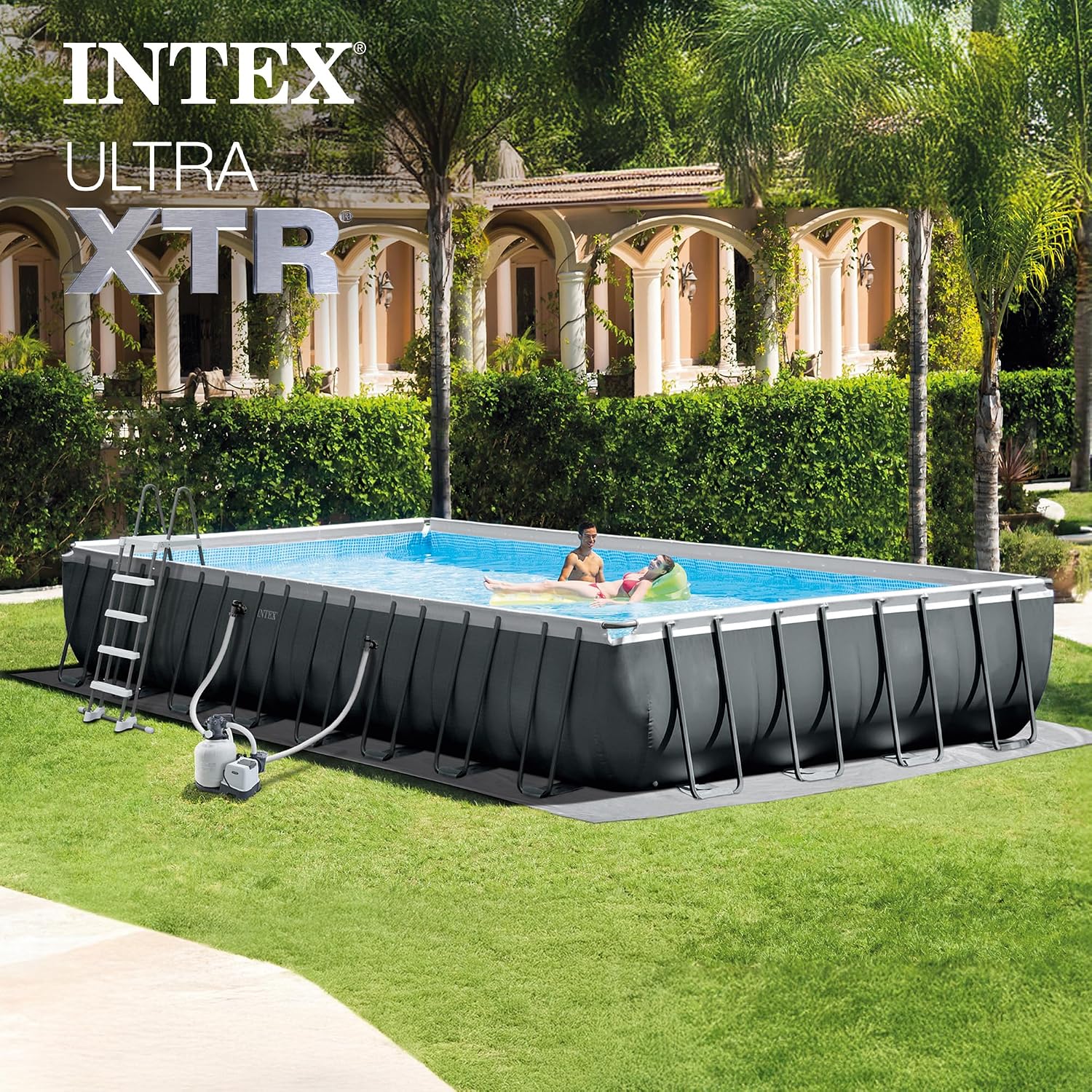 INTEX 26377EH Ultra XTR 32ft x 16ft x 52in Above Ground Swimming Pool Set with Sand Filter Pump, Inflatable Lounge Pool Recliners (2-Pack) and Inflatable Cooler