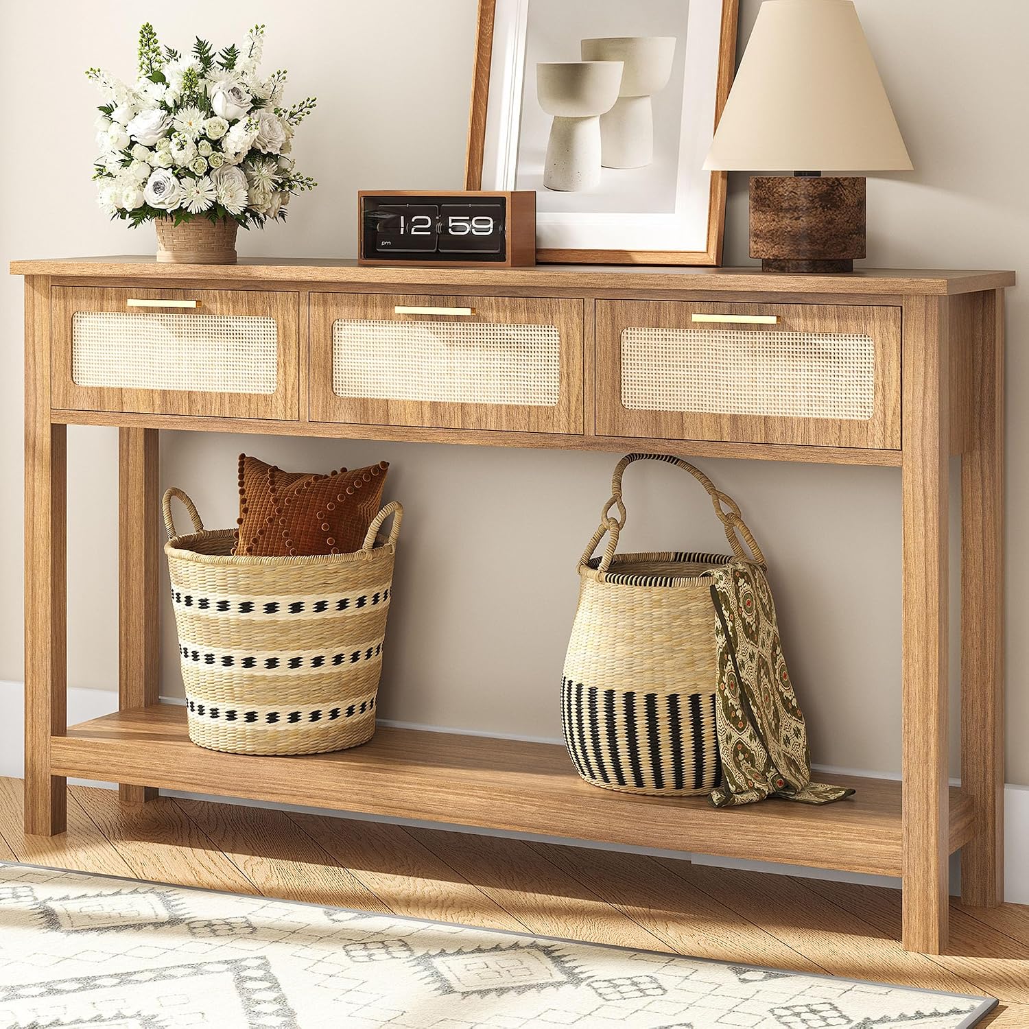 ELYKEN 51.2' Entryway Table with 3 Rattan Drawers, Boho Console Table Narrow with Storage, Long Sofa Table for Behind Couch Entry Hallway, Entrance, Living Room, Oak Brown