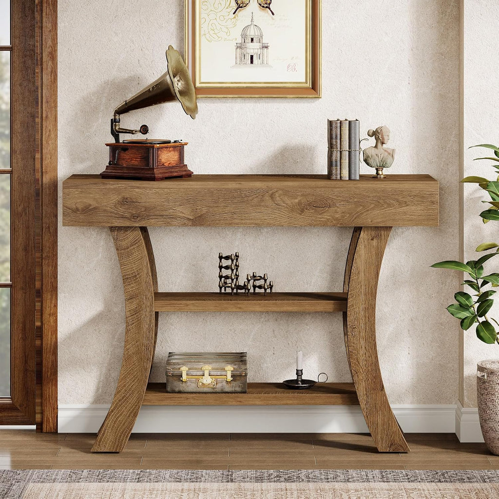 Tribesigns 41' Small Console Table for Entryway, 3-Tier Narrow Rustic Sofa Table with Storage Shelves and Curved Frame for Living Room, Entry, Hallway, Foyer (Oak Brown)