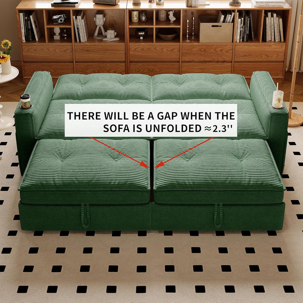 73' Queen Size Sofa Bed, Loveseat Sleeper Sofa with Pull Out Bed, Pockets and USB, Modern 2 Seater Convertible Small Couch for Living Room Bedroom Apartment (Green, Corduroy)