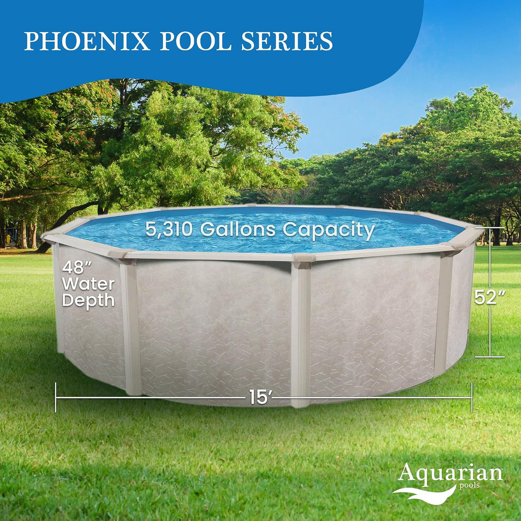 Aquarian Phoenix Round Above Ground Swimming Pool Only, 15' x 52' - Steel Frame with Galvanized Walls, Easy DIY Assembly for Outdoor or Backyard Setup, Accessories Sold Separately