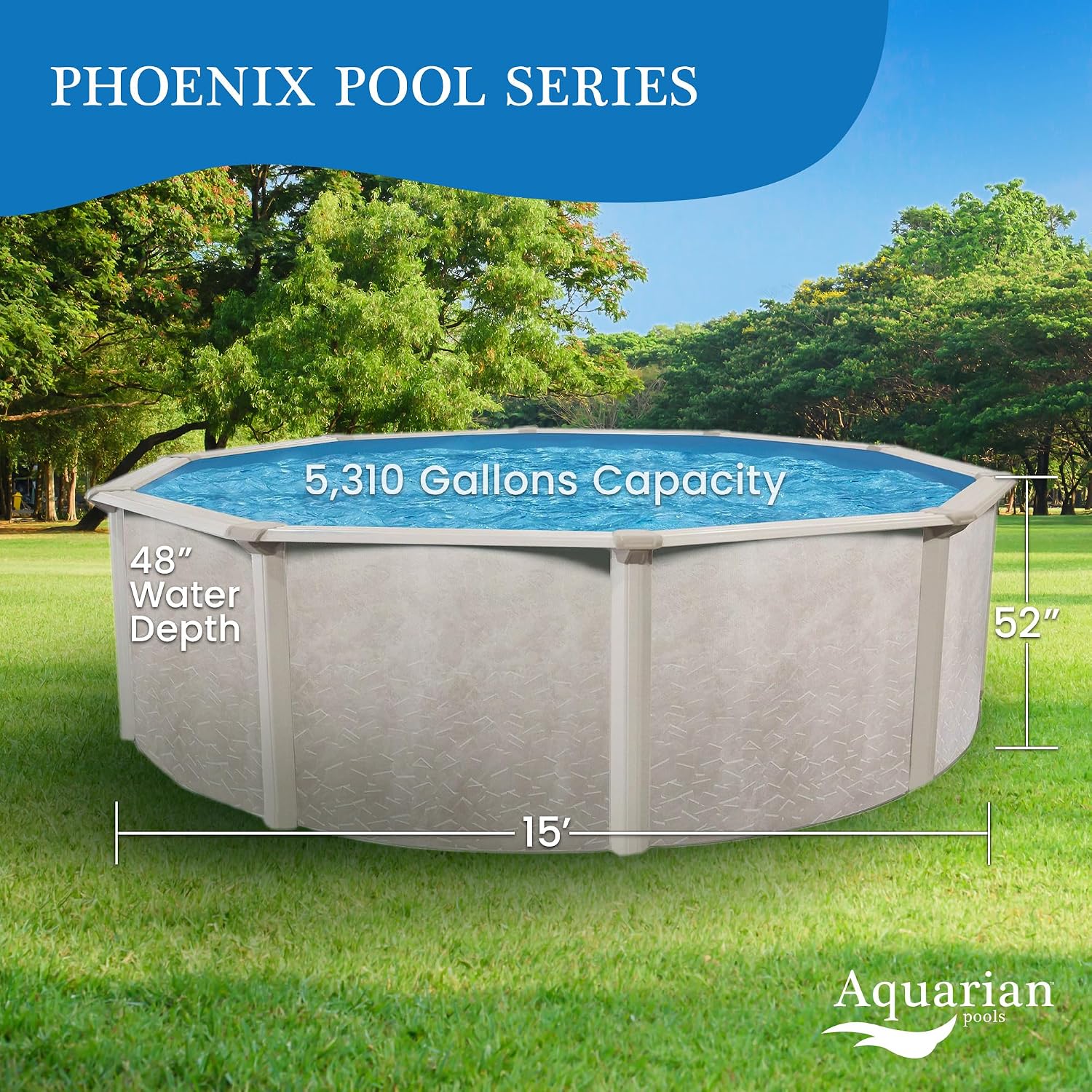 Aquarian Phoenix Round Above Ground Swimming Pool Only, 15' x 52' - Steel Frame with Galvanized Walls, Easy DIY Assembly for Outdoor or Backyard Setup, Accessories Sold Separately