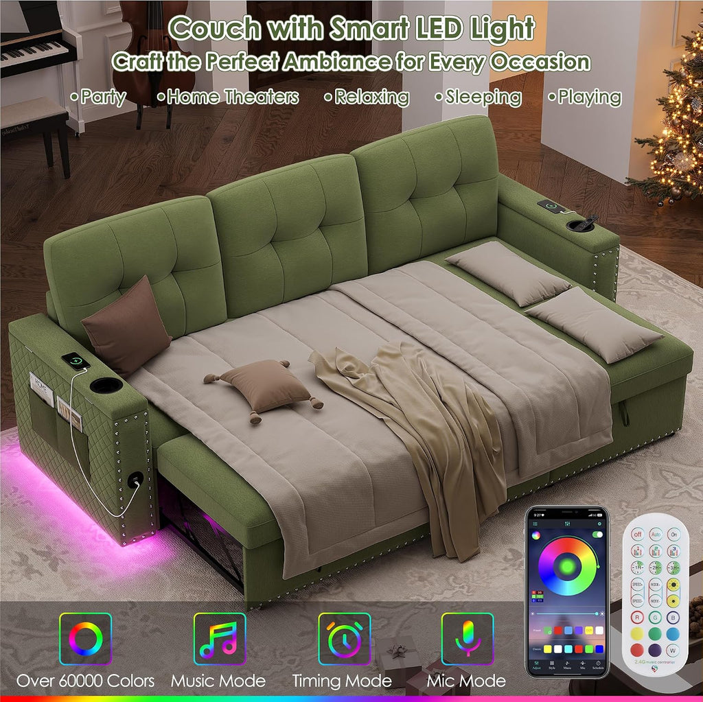 HIFIT Sleeper Sofa Bed- 81' L Shaped Pull Out Couches for Living Room with Storage Chaise, Storage Armrest, LED Light&USB Port&Cupholder, Modern Velvet Sectional Home Sofa Living Room Furniture, Green