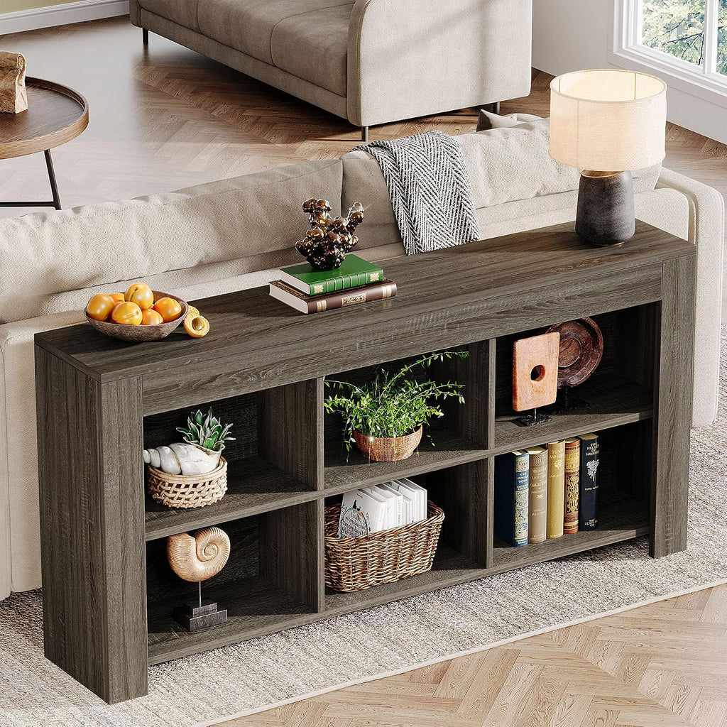 Tribesigns 63-Inch Long Sofa Console Table, Rustic Wood Entryway Table with 6 Storage Cubes for Living Room, Hallway, Behind Couch (Grey)