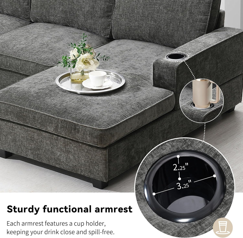 Merax Modern U-Shaped Cloud Couch Set with Oversized Chaise Lounge, Chenille 6-Seat Sectional Sofa Sleeper Bed with Cup Holders for Living Room Dark Gray