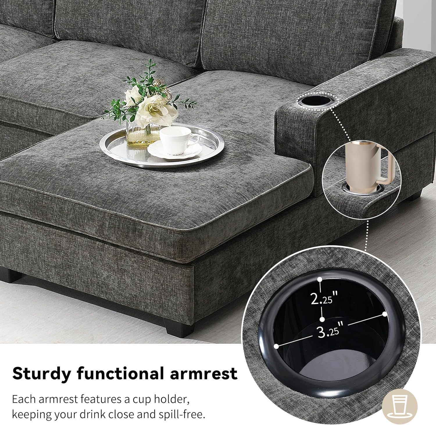 Merax Modern U-Shaped Cloud Couch Set with Oversized Chaise Lounge, Chenille 6-Seat Sectional Sofa Sleeper Bed with Cup Holders for Living Room Dark Gray